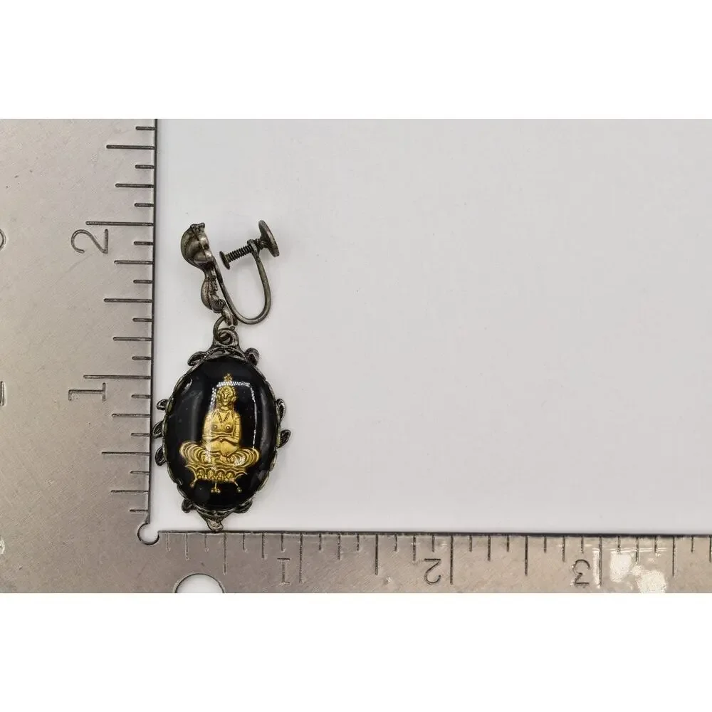 Vintage Buddha Screw Back Earrings Antiqued Silver Glass Gold Dangle 1930s BinBK